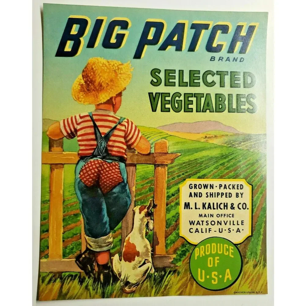 Vintage Unused Big Patch Vegetable Crate Label‎ Watsonville, California (B-2)